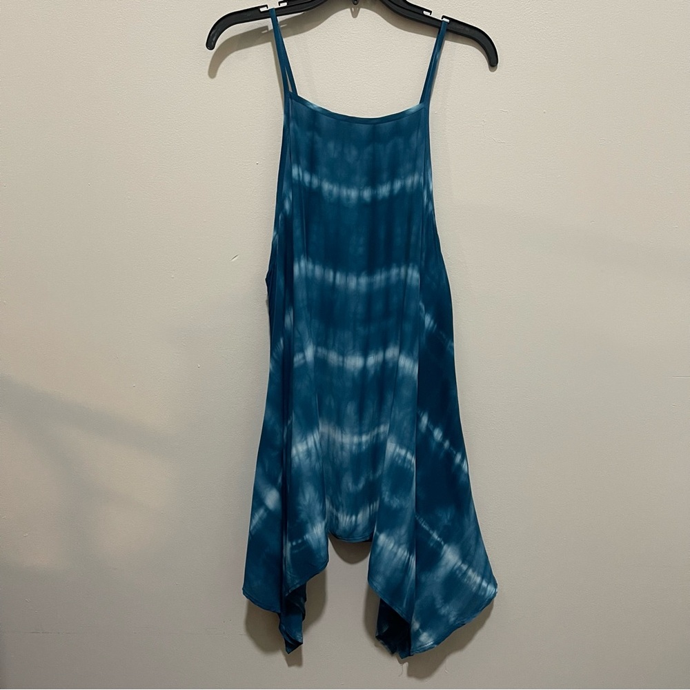 Blue White Tie-Dye Handkerchief Mini Dress Spaghetti Strap Square Neck Size 2XL